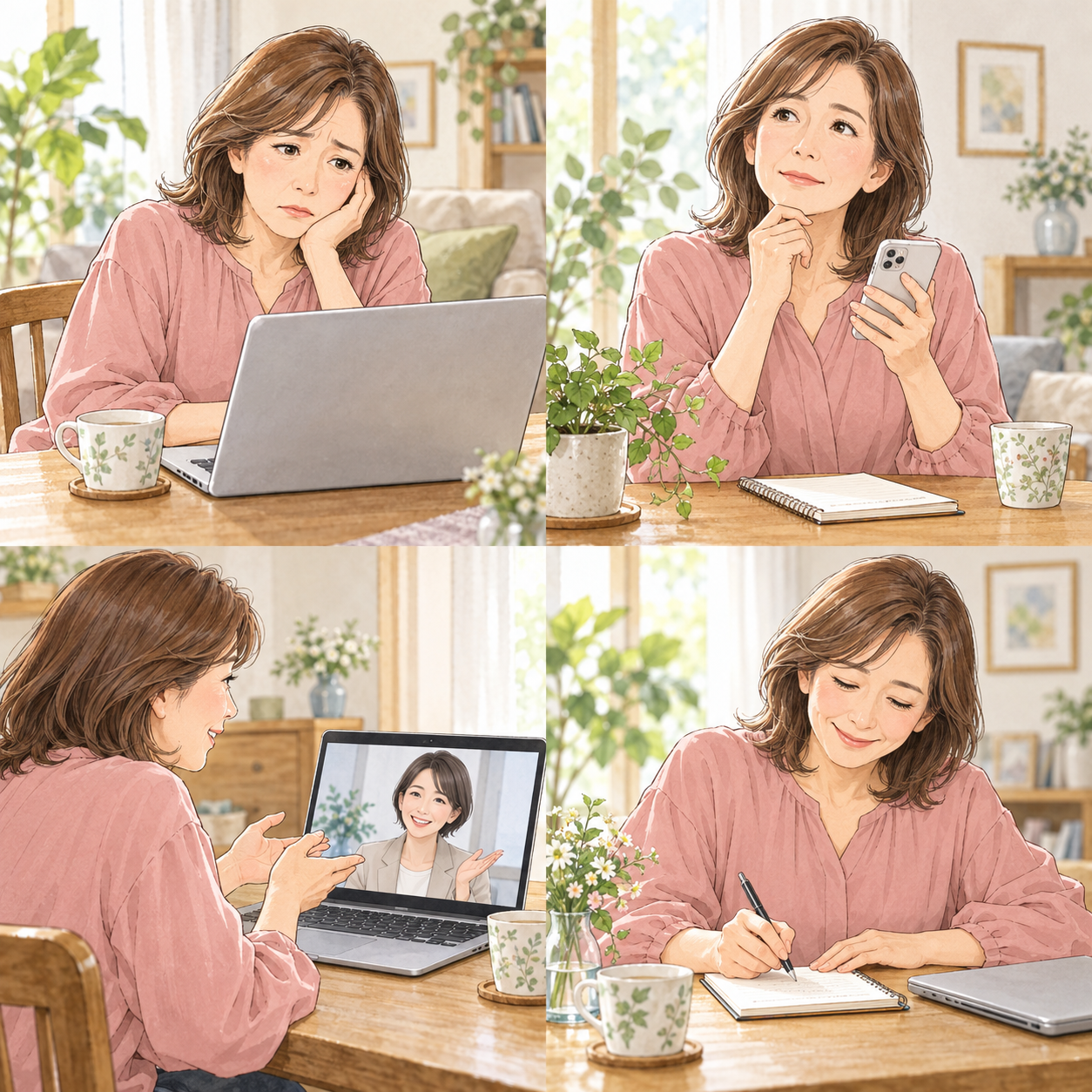 スマートフォンを手に、これからの働き方を穏やかに考える女性の水彩イラスト